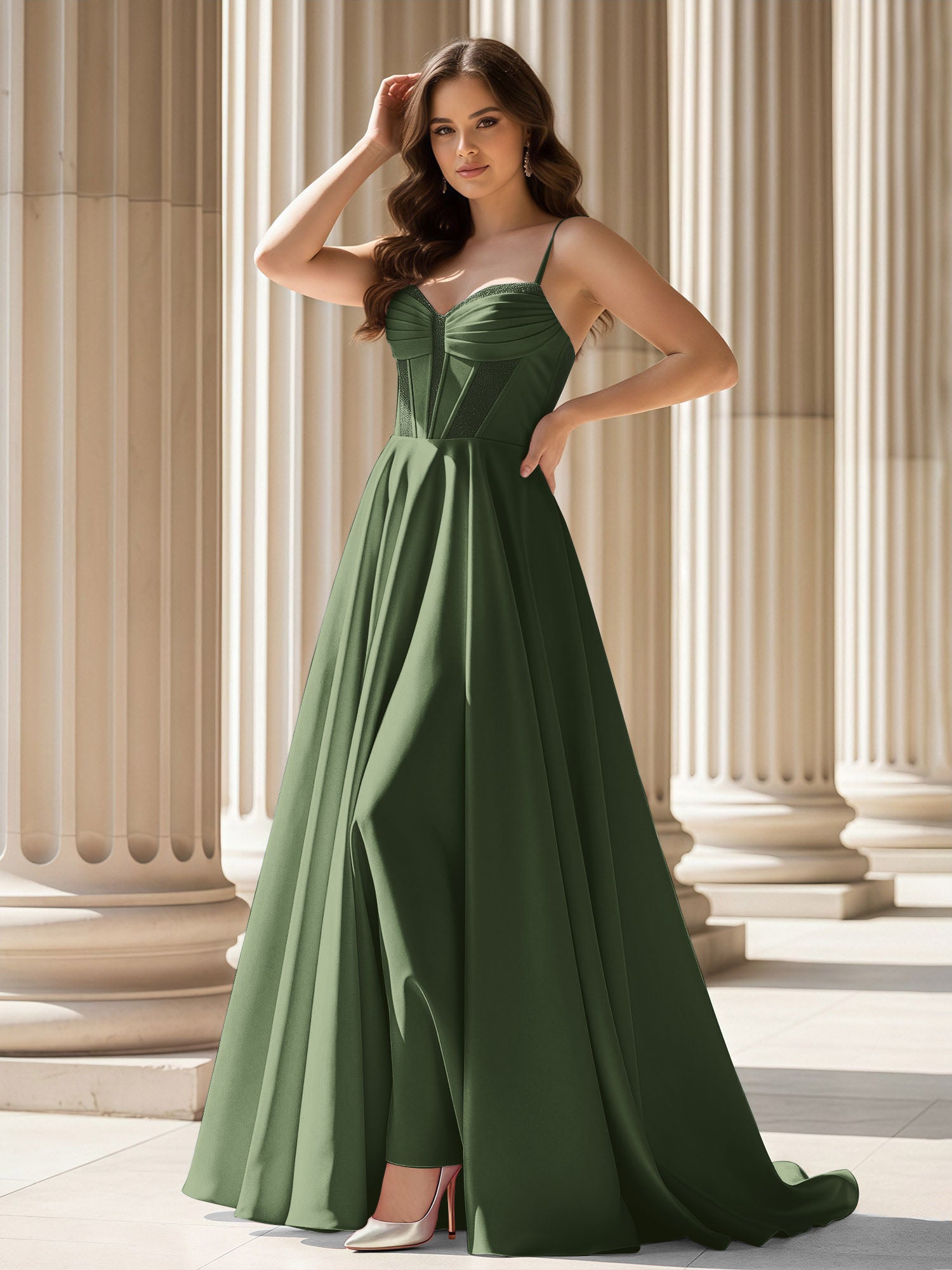 BABARONI Satin Olive Green Prom Dresses Aline Sweetheart Pleated — free download