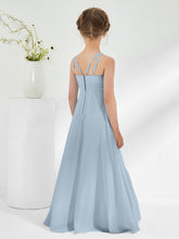 Bateau Neckline Junior Bridesmaid Dresses with Sash Dusty Blue