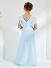 V-neck Junior Bridesmaid Dresses with Flutter Sleeves Sky Blue