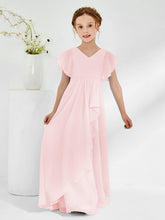 V-neck Junior Bridesmaid Dresses with Flutter Sleeves Blushing Pink