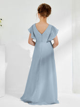 V-neck Junior Bridesmaid Dresses with Flutter Sleeves Dusty Blue