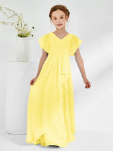 V-neck Junior Bridesmaid Dresses with Flutter Sleeves Lemon