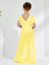 V-neck Junior Bridesmaid Dresses with Flutter Sleeves Lemon