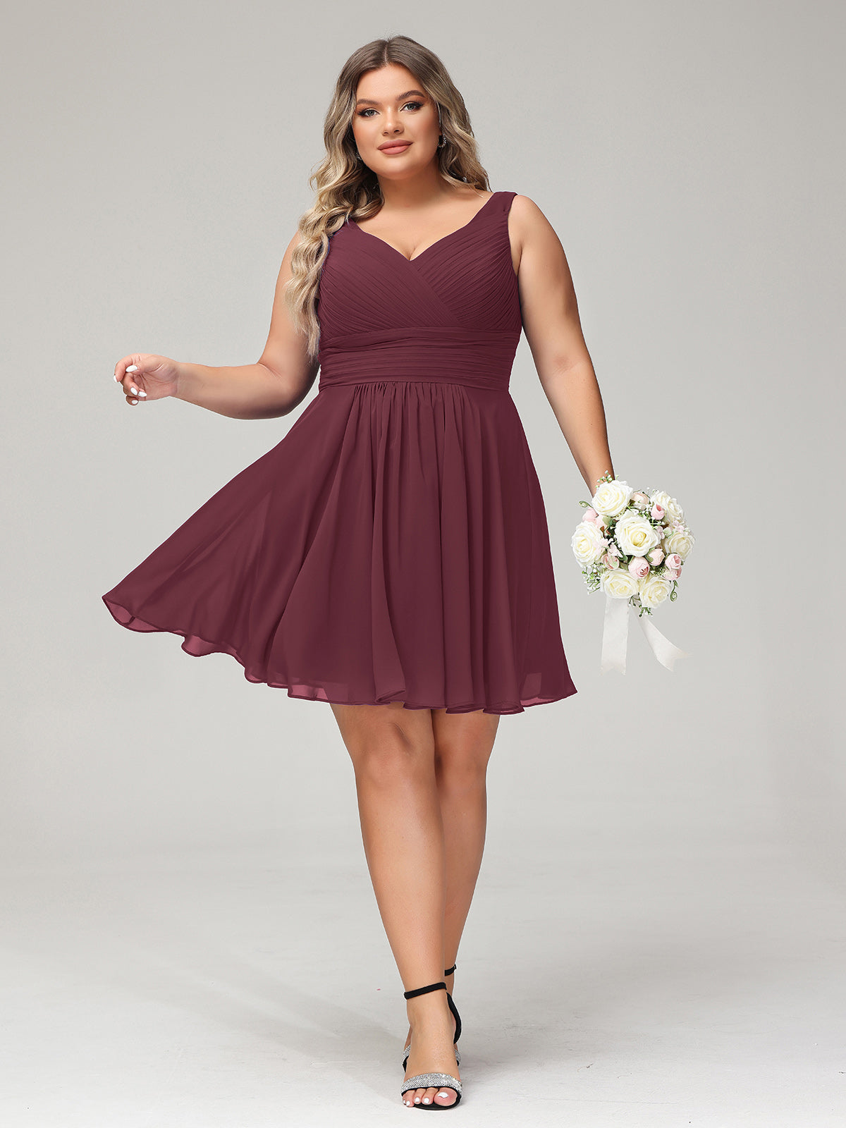 Cabernet Plus Size Chiffon Short Bridesmaid Dress V-Neck | BABARONI Cabernet Plus Size Chiffon Short Bridesmaid Dress V-Neck | BABARONI