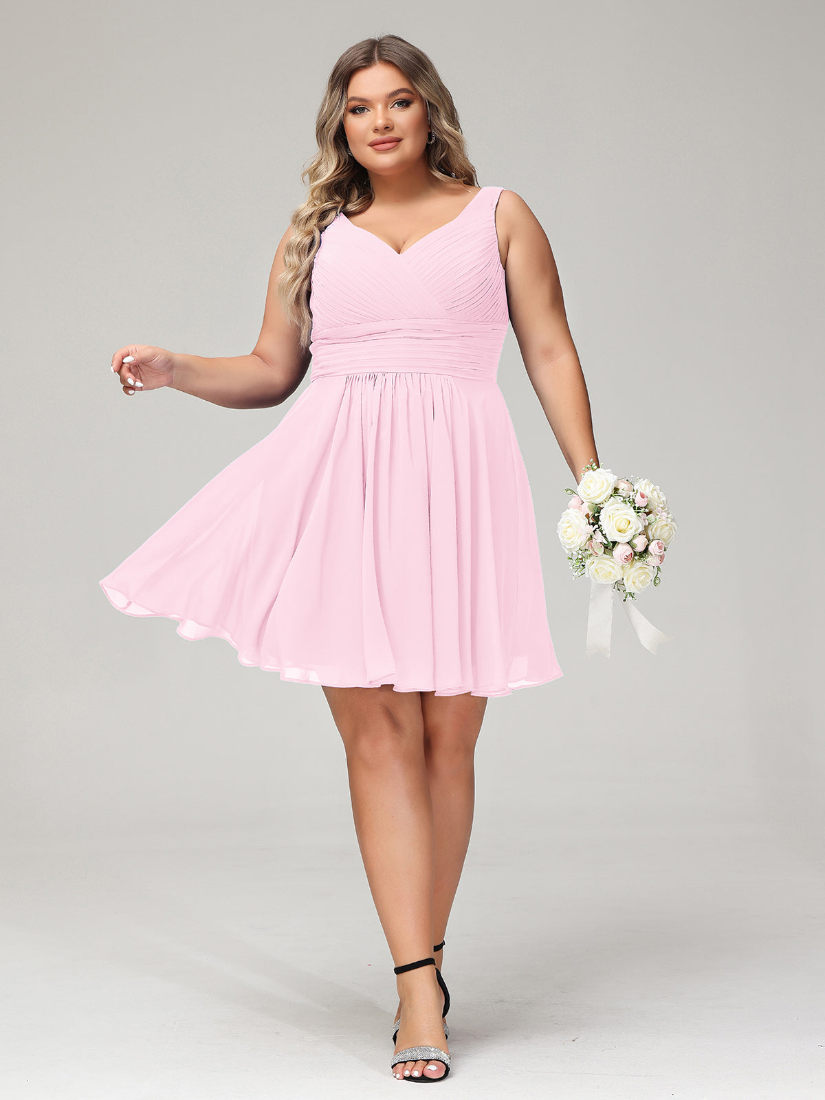BABARONI Chiffon Candy Pink Bridesmaid Dresses V-neck Short/Mini Sleeveless Pleated A-line BABARONI Chiffon Candy Pink Bridesmaid Dresses V-neck Short/Mini Sleeveless Pleated A-line