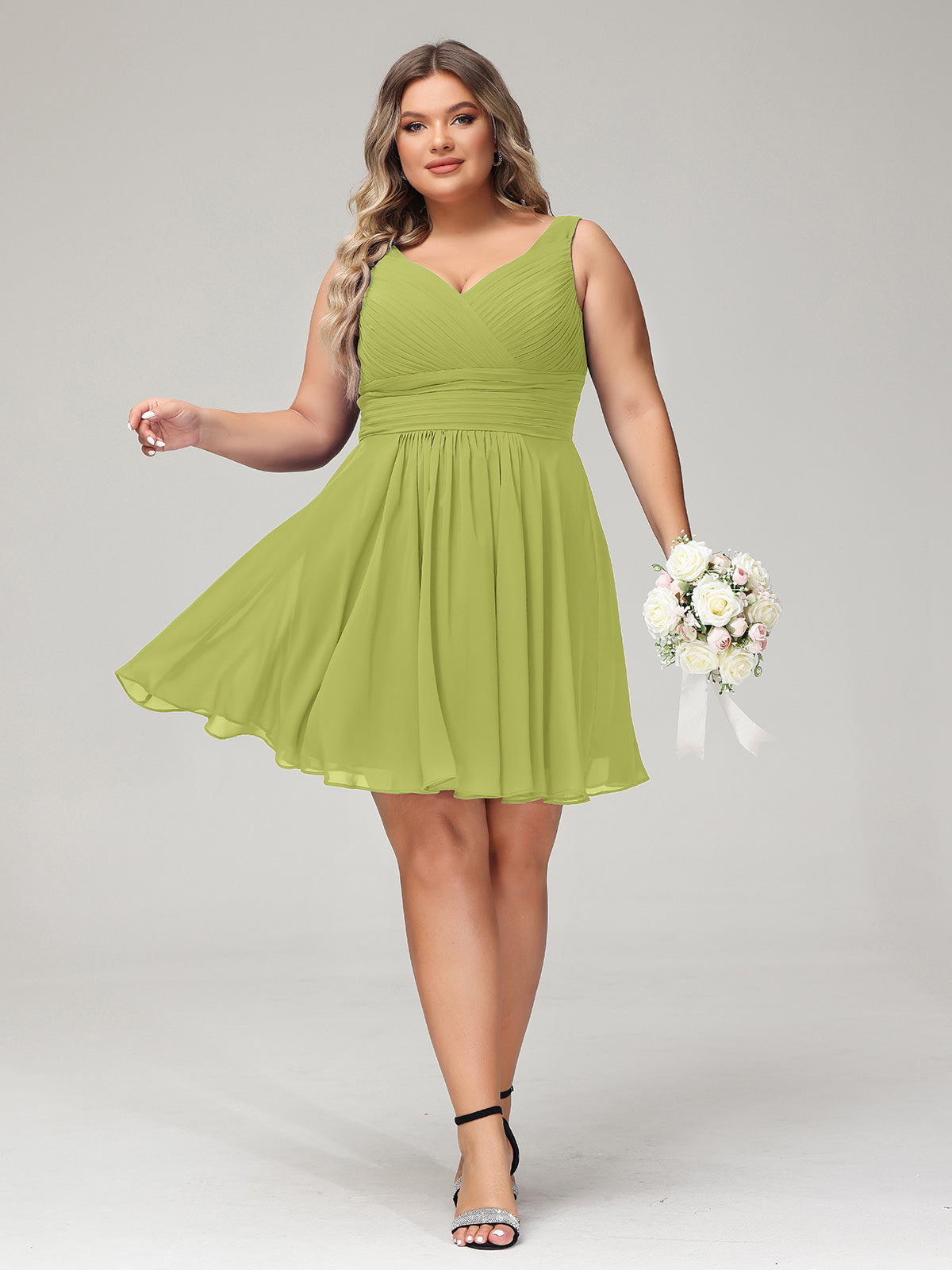 BABARONI Chiffon Clover Bridesmaid Dresses V-neck Short/Mini Sleeveless Pleated A-line BABARONI Chiffon Clover Bridesmaid Dresses V-neck Short/Mini Sleeveless Pleated A-line