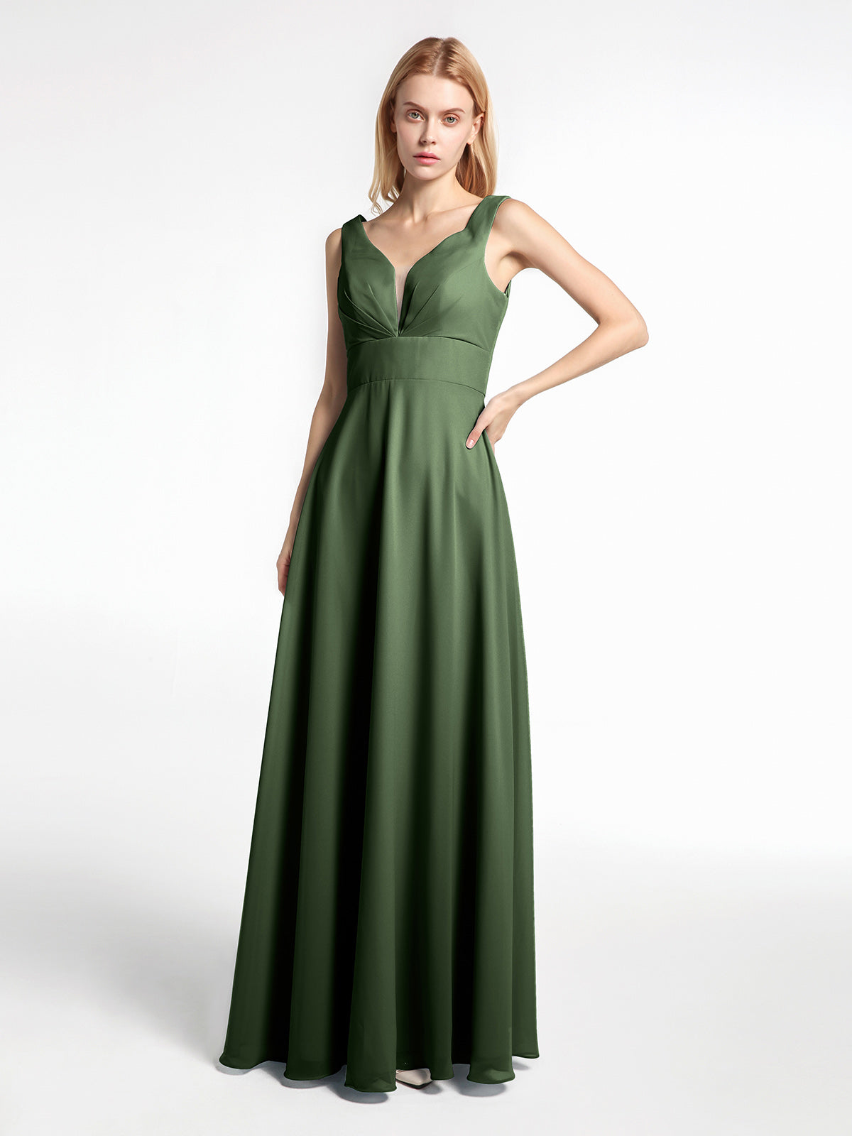 Warp Bodic Chiffon Long Dresses with Sash Bow Olive Green