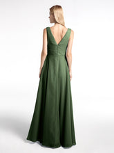 Notch Neck Chiffon Simple Full Length Dress-Olive Green