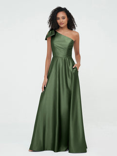 One-Shoulder Long Satin Dresses with Pockets-Olive Green