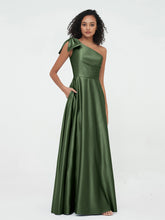 One-Shoulder Long Satin Dresses with Pockets-Olive Green