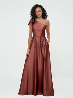One-Shoulder Long Satin Dresses with Pockets-Terracotta