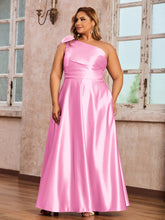 One-Shoulder Long Satin Dresses with Pockets Candy Pink