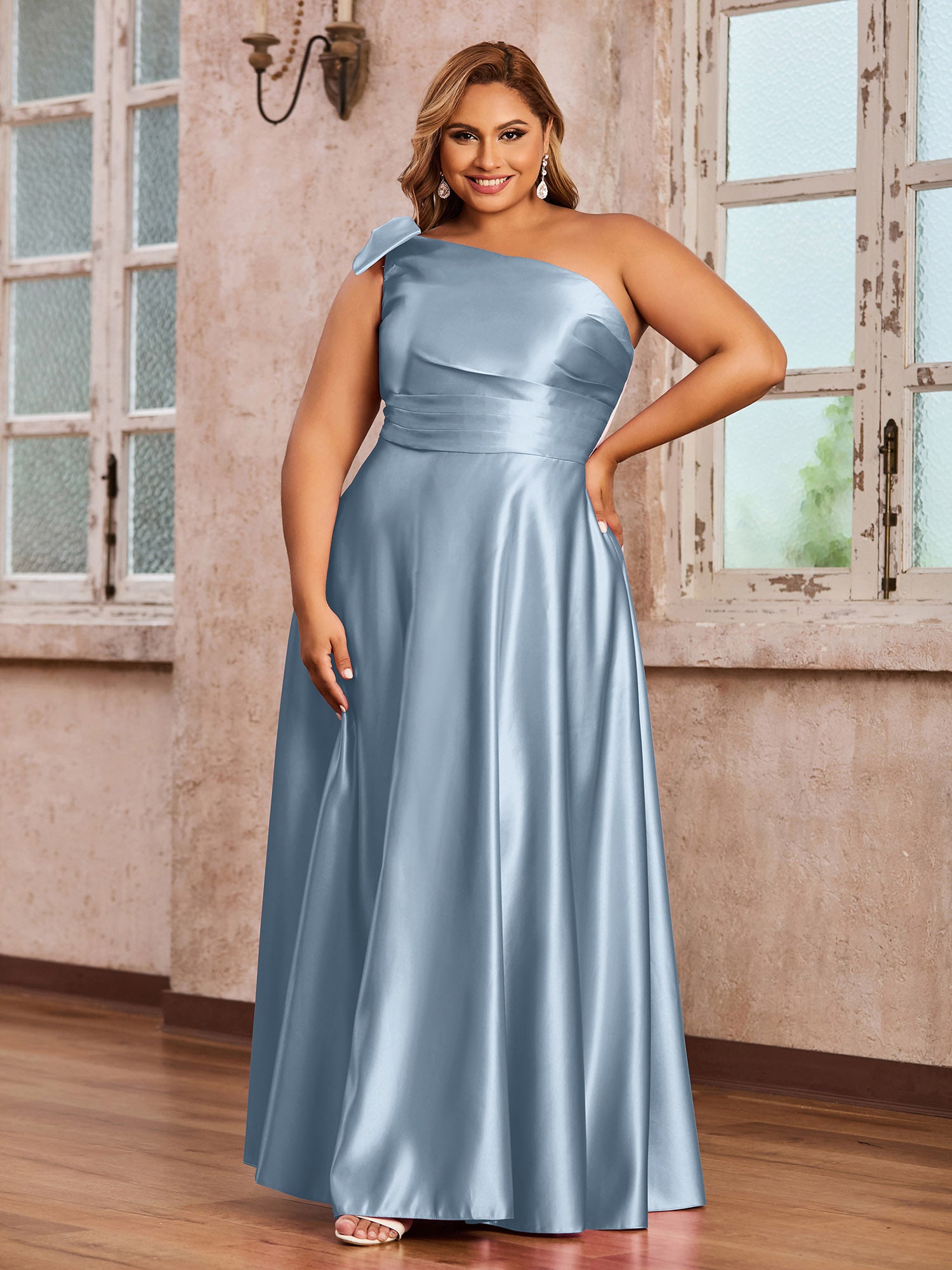 One Shoulder Jersey Gown With Slit Dusty Rose Plus Size