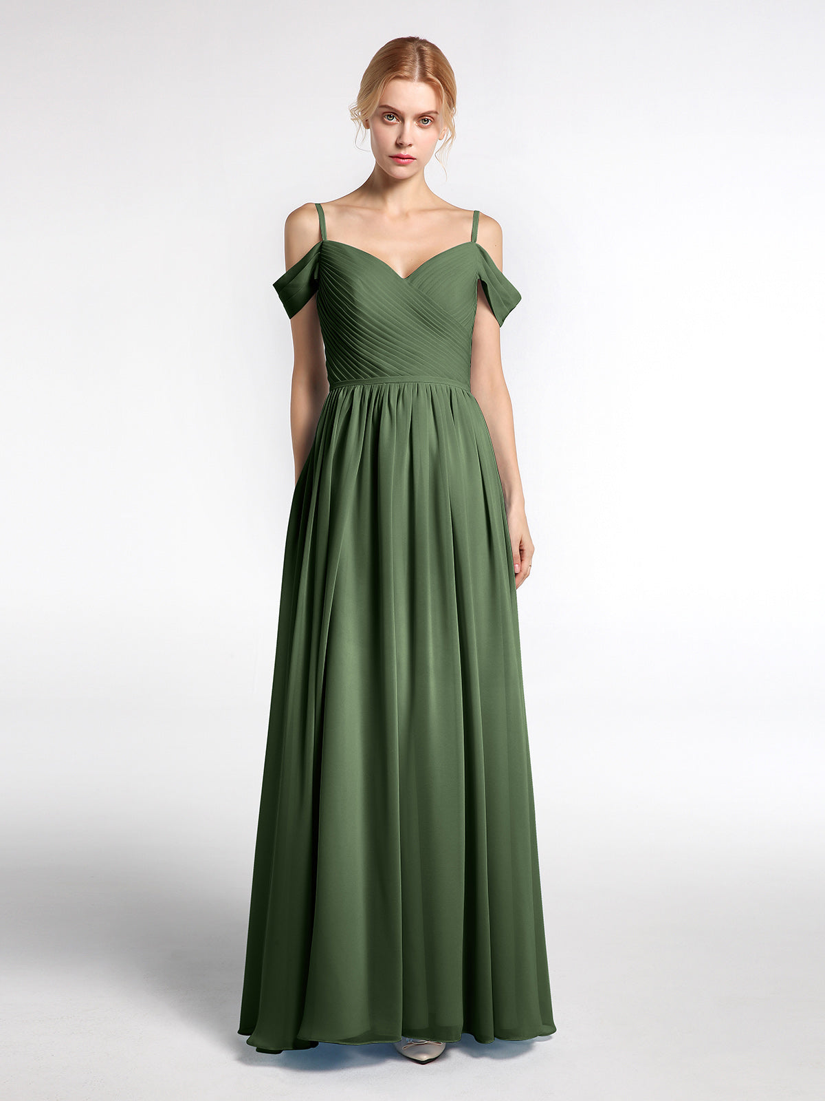 One Shoulder Flower Attached Chiffon Gown with Pockets Olive Green Plus Size