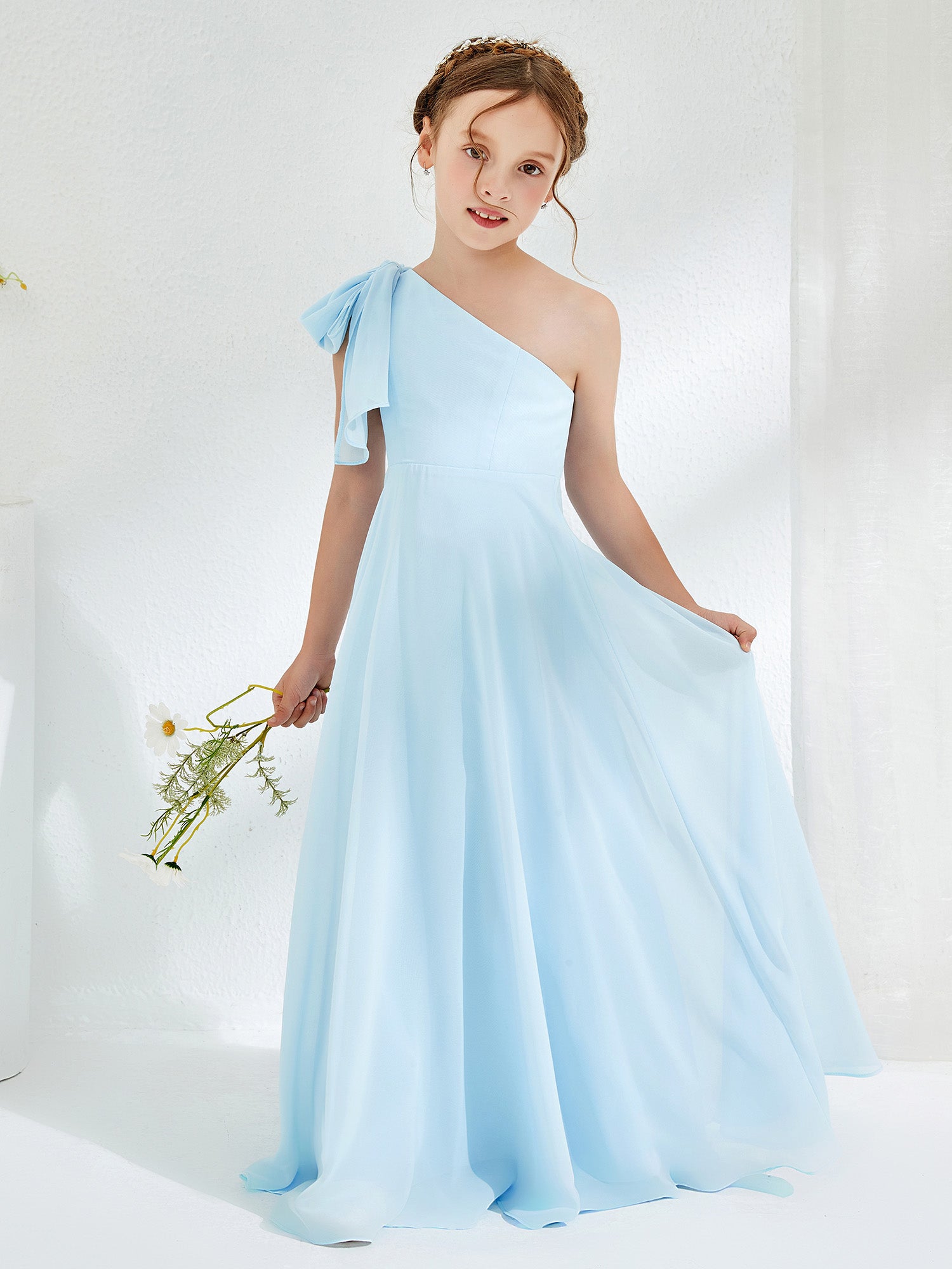 BABARONI Chiffon Sky Blue Junior Bridesmaid Dresses A-line One Shoulder Sleeveless Ruched Floor-length