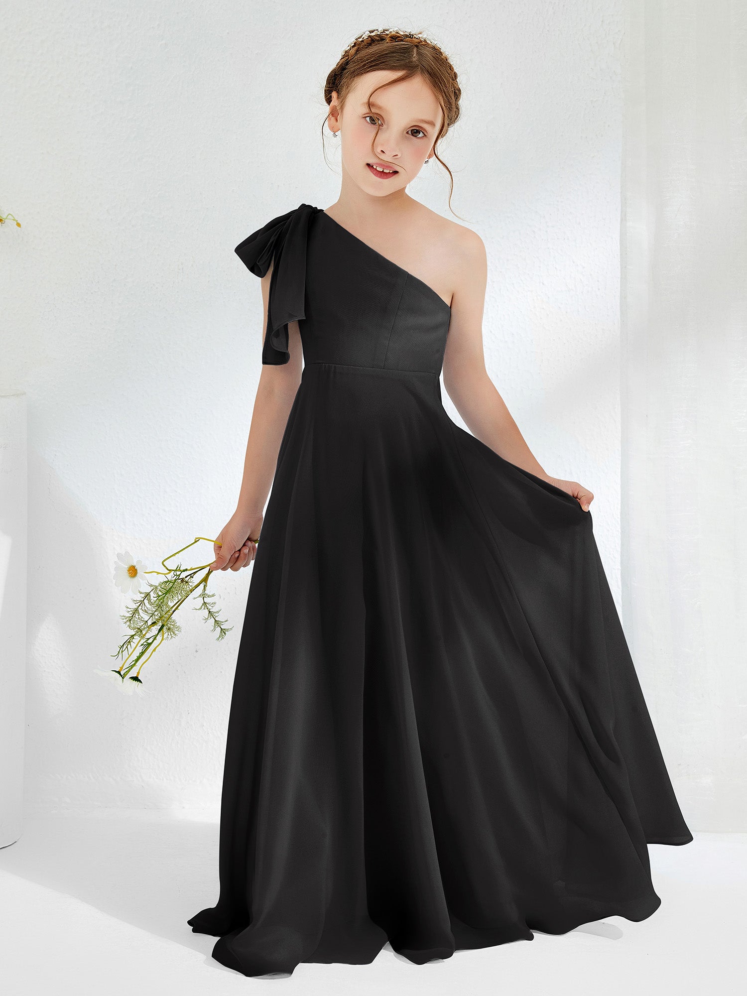 BABARONI Chiffon Black Junior Bridesmaid Dresses A-line One Shoulder