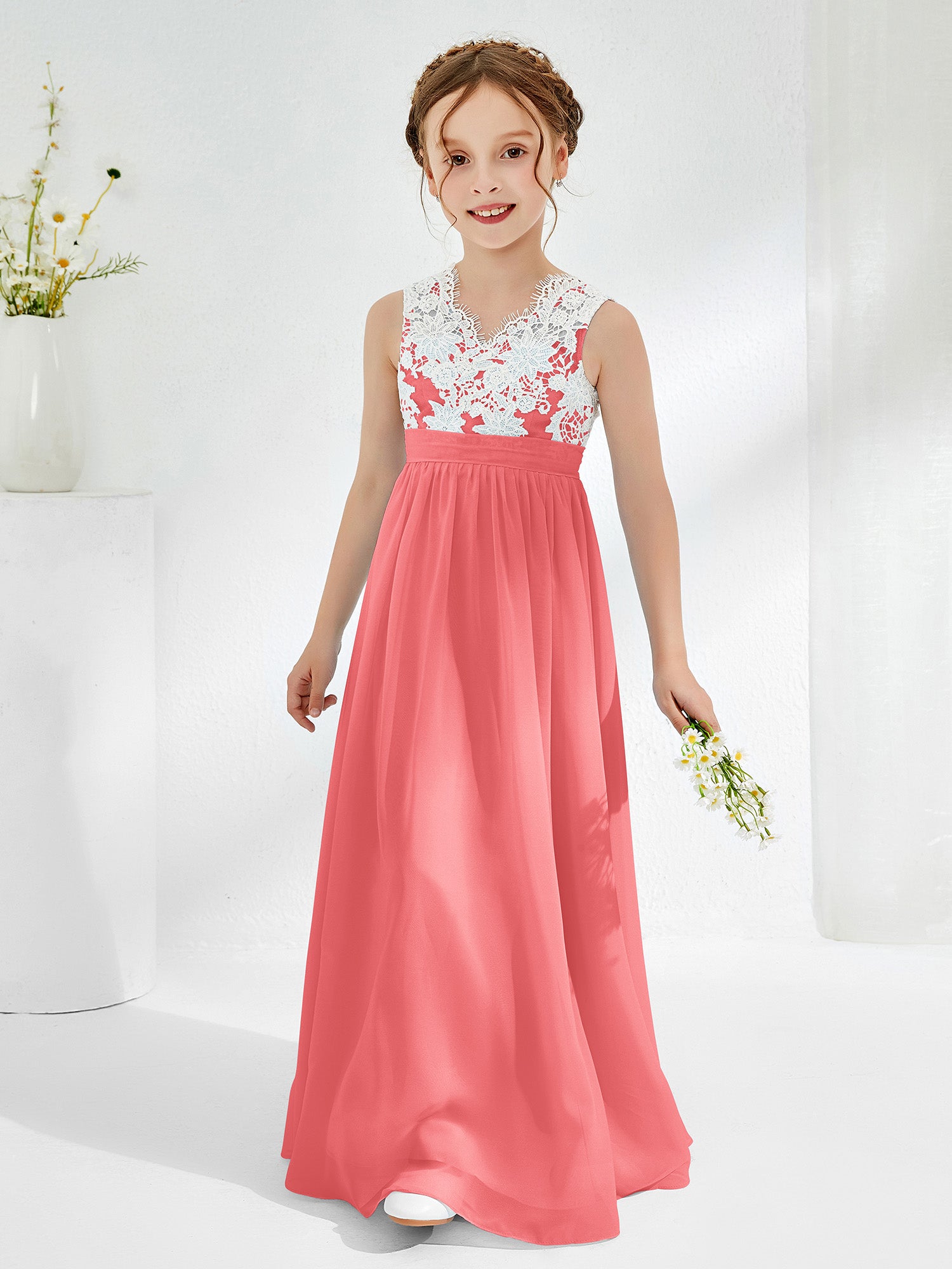 Spaghetti Straps Scoop Chiffon Junior Bridesmaid Dress Watermelon