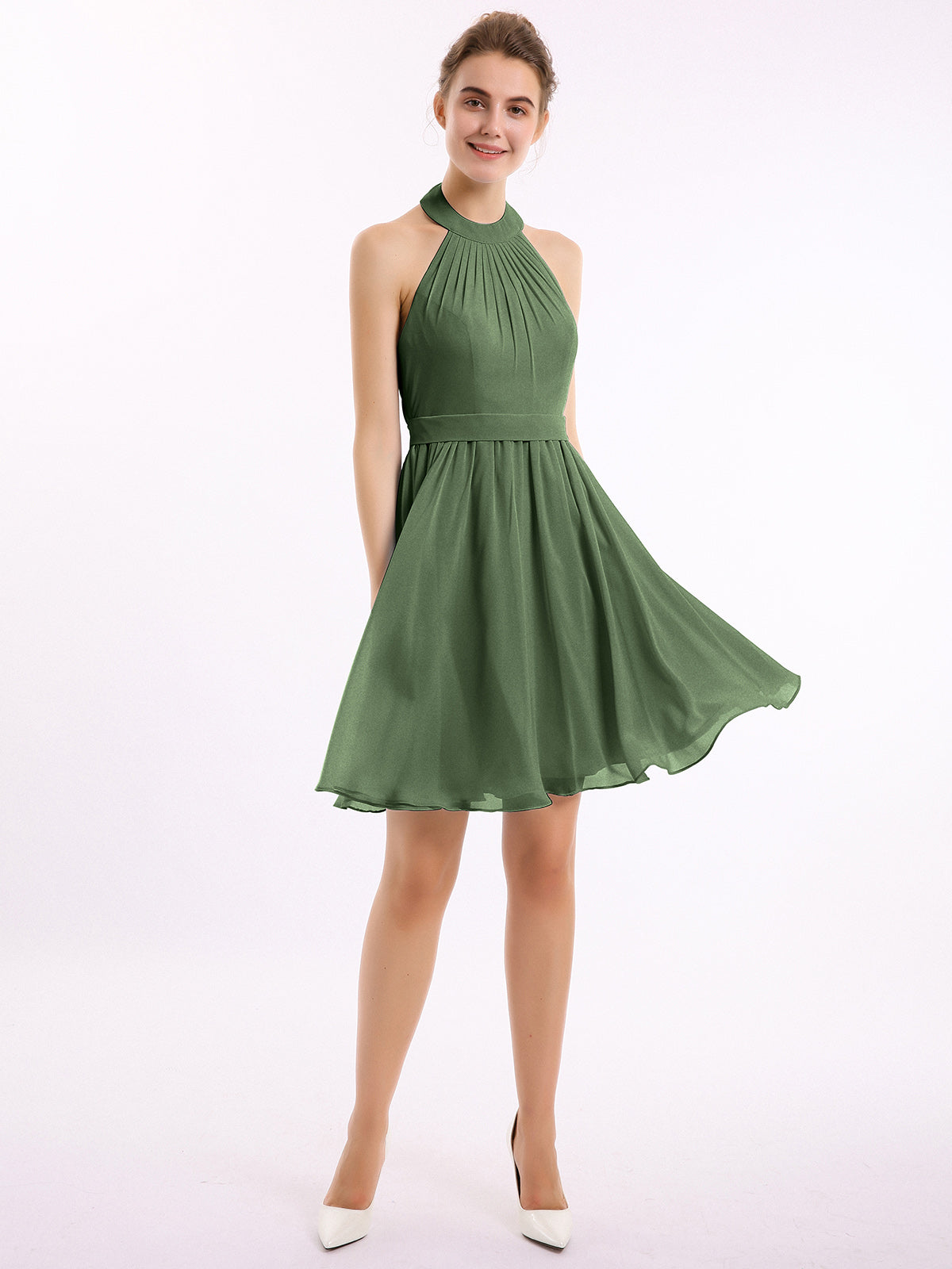 BABARONI Halter Chiffon Short Bridesmaid Dresses-Olive Green Plus Size, Olive Green / US18 BABARONI Halter Chiffon Short Bridesmaid Dresses-Olive Green Plus Size, Olive Green / US18