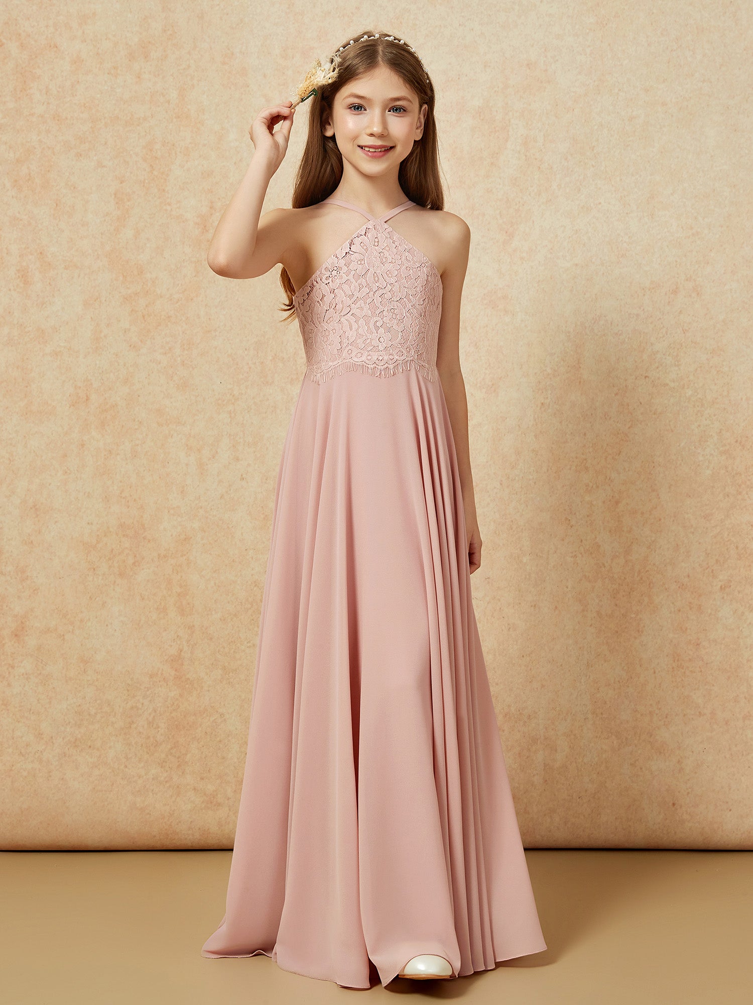 Halter Backless Long Chiffon Junior Bridesmaid Gown Wisteria