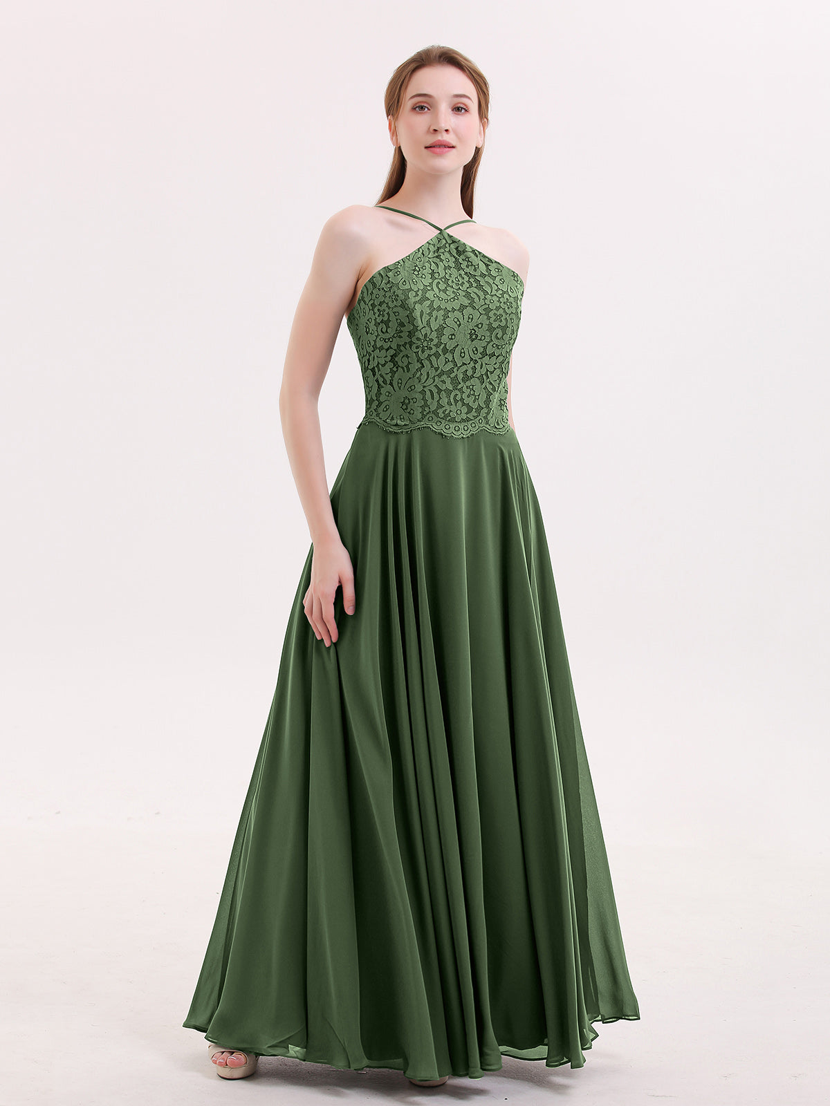 V-neck Spaghetti Straps Elegant Bridesmaid Dress Olive Green Plus Size