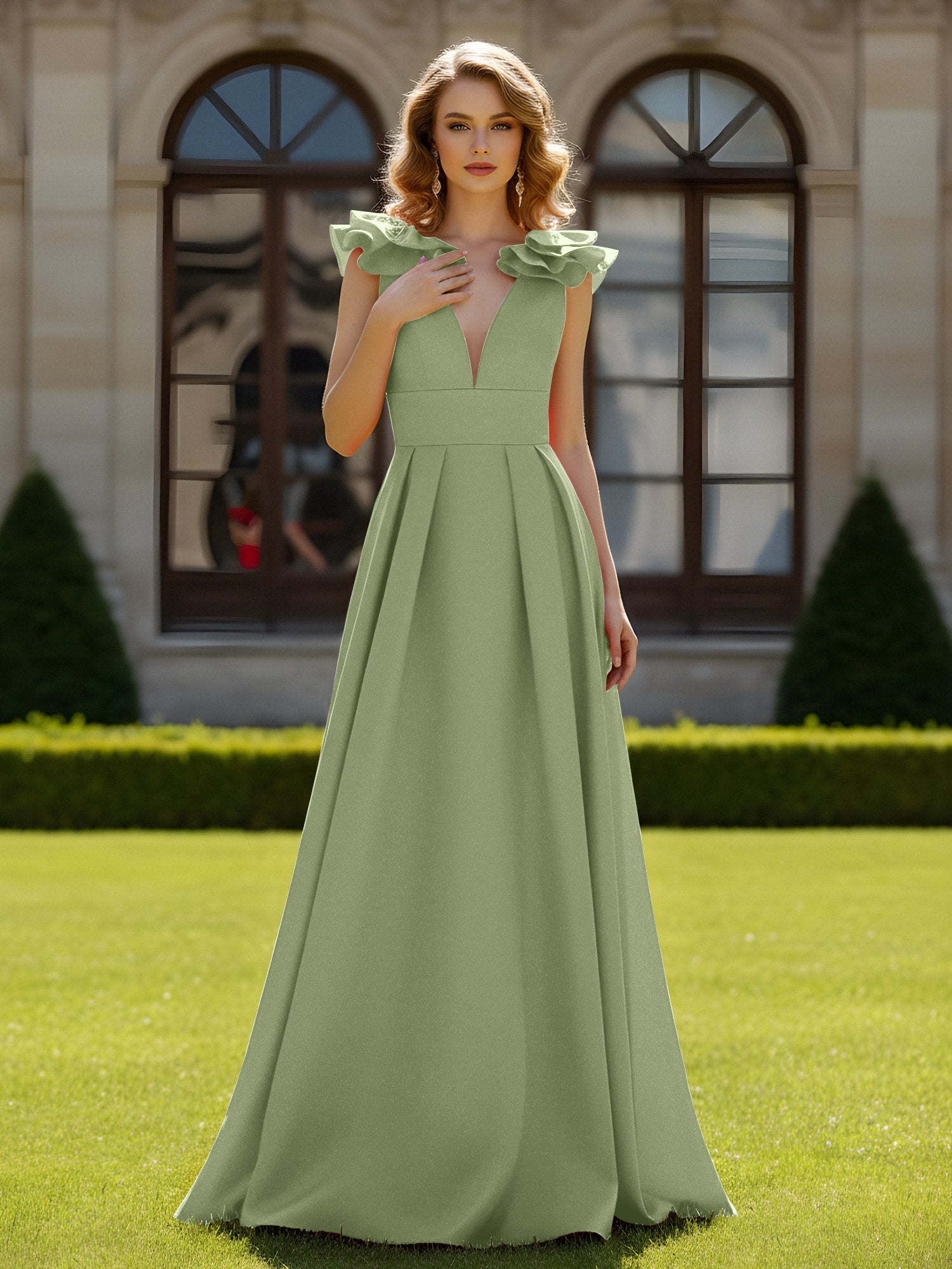 BABARONI Satin Dusty Sage Prom Dresses A-line V-neck Sleeveless Ruffle, Dusty Sage / US0