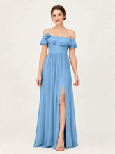 Tiered Ruffled Off-the-Shoulder A-Line Gown with Slit Blue