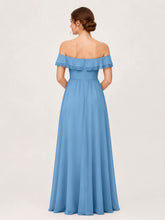 Tiered Ruffled Off-the-Shoulder A-Line Gown with Slit Blue