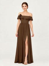 Tiered Ruffled Off-the-Shoulder A-Line Gown with Slit Brown