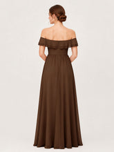 Tiered Ruffled Off-the-Shoulder A-Line Gown with Slit Brown