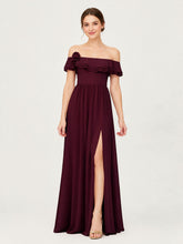Tiered Ruffled Off-the-Shoulder A-Line Gown with Slit Cabernet