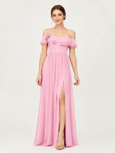 Tiered Ruffled Off-the-Shoulder A-Line Gown with Slit Candy Pink