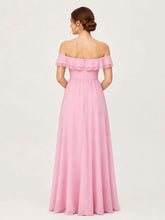 Tiered Ruffled Off-the-Shoulder A-Line Gown with Slit Candy Pink