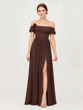 Tiered Ruffled Off-the-Shoulder A-Line Gown with Slit Chocolate