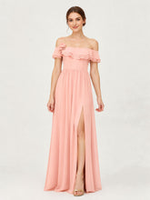 Tiered Ruffled Off-the-Shoulder A-Line Gown with Slit Coral