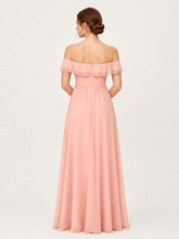 Tiered Ruffled Off-the-Shoulder A-Line Gown with Slit Coral