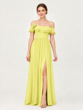 Tiered Ruffled Off-the-Shoulder A-Line Gown with Slit Daffodil