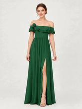 Tiered Ruffled Off-the-Shoulder A-Line Gown with Slit Dark Green