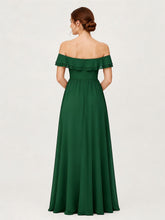 Tiered Ruffled Off-the-Shoulder A-Line Gown with Slit Dark Green