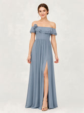 Tiered Ruffled Off-the-Shoulder A-Line Gown with Slit Dusty Blue