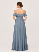 Tiered Ruffled Off-the-Shoulder A-Line Gown with Slit Dusty Blue