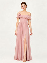 Tiered Ruffled Off-the-Shoulder A-Line Gown with Slit Dusty Rose