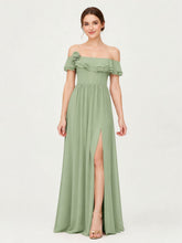 Tiered Ruffled Off-the-Shoulder A-Line Gown with Slit Dusty Sage
