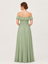 Tiered Ruffled Off-the-Shoulder A-Line Gown with Slit Dusty Sage