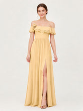 Tiered Ruffled Off-the-Shoulder A-Line Gown with Slit Gold