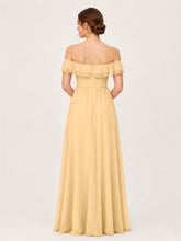Tiered Ruffled Off-the-Shoulder A-Line Gown with Slit Gold