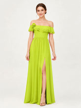 Tiered Ruffled Off-the-Shoulder A-Line Gown with Slit Lime Green