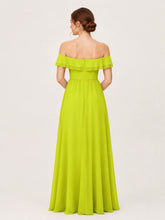 Tiered Ruffled Off-the-Shoulder A-Line Gown with Slit Lime Green