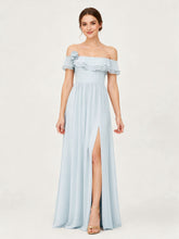 Tiered Ruffled Off-the-Shoulder A-Line Gown with Slit Mist