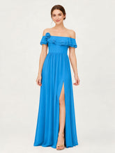 Tiered Ruffled Off-the-Shoulder A-Line Gown with Slit Ocean Blue