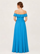 Tiered Ruffled Off-the-Shoulder A-Line Gown with Slit Ocean Blue